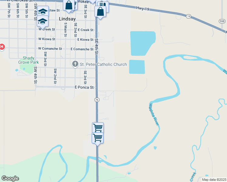 map of restaurants, bars, coffee shops, grocery stores, and more near Ponca Street in Lindsay