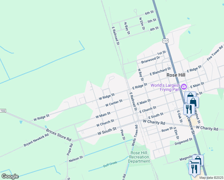map of restaurants, bars, coffee shops, grocery stores, and more near 310 North Pine Street in Rose Hill