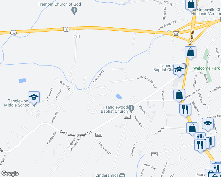 map of restaurants, bars, coffee shops, grocery stores, and more near 203 Autumn Drive in Greenville