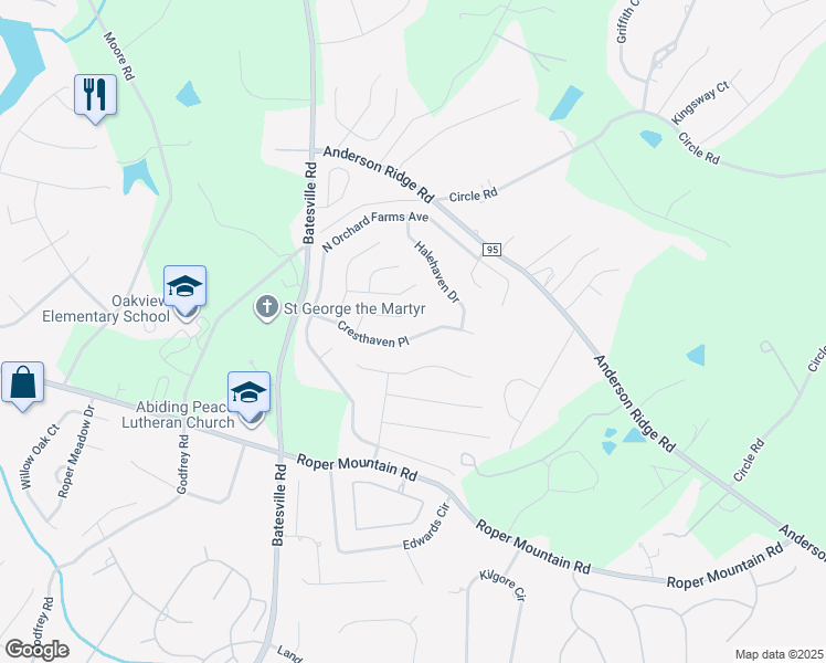 map of restaurants, bars, coffee shops, grocery stores, and more near 319 Cresthaven Place in Simpsonville
