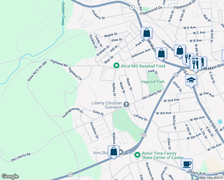 map of restaurants, bars, coffee shops, grocery stores, and more near 206 Nalley Street in Easley