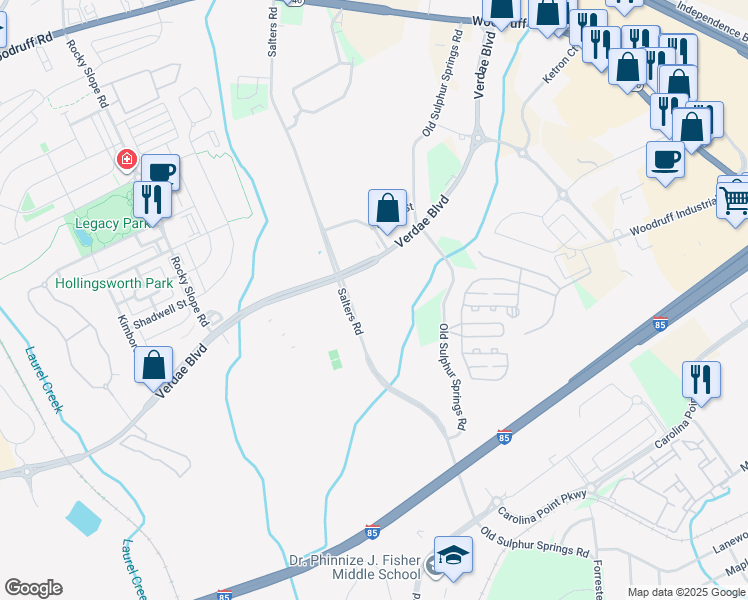 map of restaurants, bars, coffee shops, grocery stores, and more near 670 Verdae Boulevard in Greenville