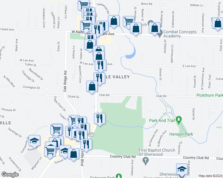 map of restaurants, bars, coffee shops, grocery stores, and more near 7920 Arkansas 107 in Sherwood