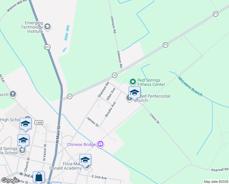 map of restaurants, bars, coffee shops, grocery stores, and more near 120 Allen Avenue in Red Springs