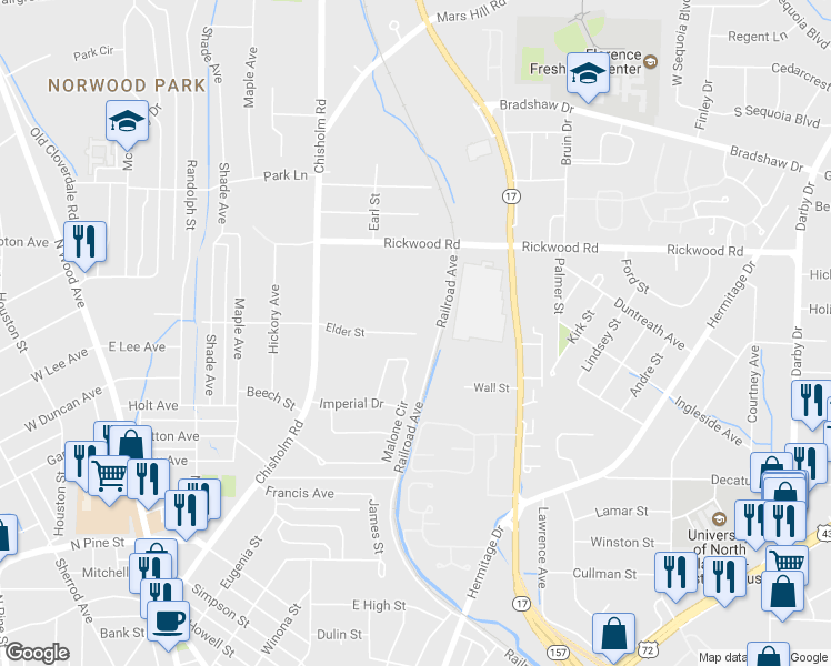 map of restaurants, bars, coffee shops, grocery stores, and more near 599 Elder Street in Florence