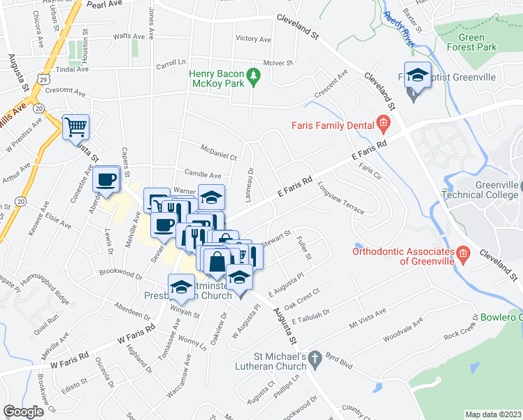 map of restaurants, bars, coffee shops, grocery stores, and more near 106 East Faris Road in Greenville