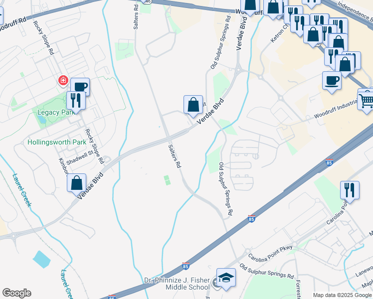 map of restaurants, bars, coffee shops, grocery stores, and more near 670 Verdae Boulevard in Greenville