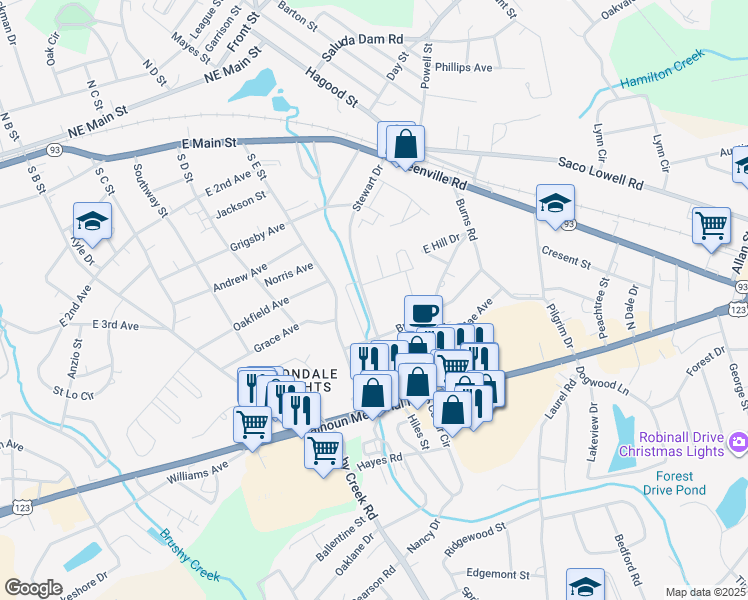 map of restaurants, bars, coffee shops, grocery stores, and more near 305 Stewart Drive in Easley