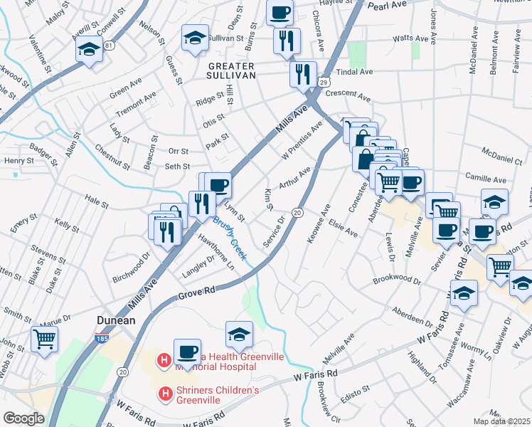 map of restaurants, bars, coffee shops, grocery stores, and more near 19 Kim Street in Greenville