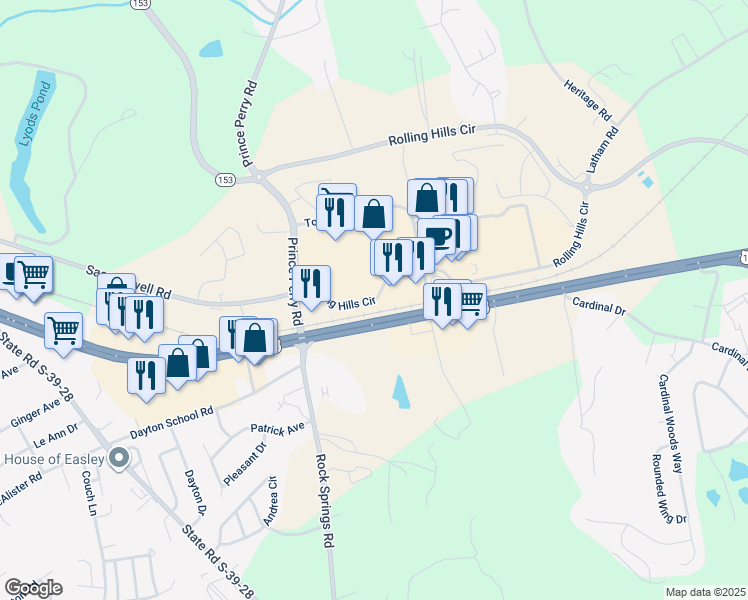 map of restaurants, bars, coffee shops, grocery stores, and more near 185 Rolling Hills Circle in Easley
