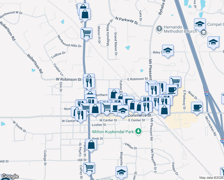 map of restaurants, bars, coffee shops, grocery stores, and more near 2266 Northview Street in Hernando