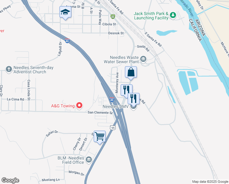 map of restaurants, bars, coffee shops, grocery stores, and more near 207 Gilman Street in Needles