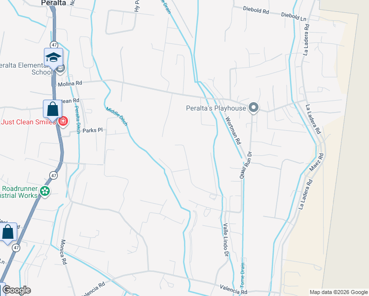 map of restaurants, bars, coffee shops, grocery stores, and more near 26 Valle Lindo Court in Peralta