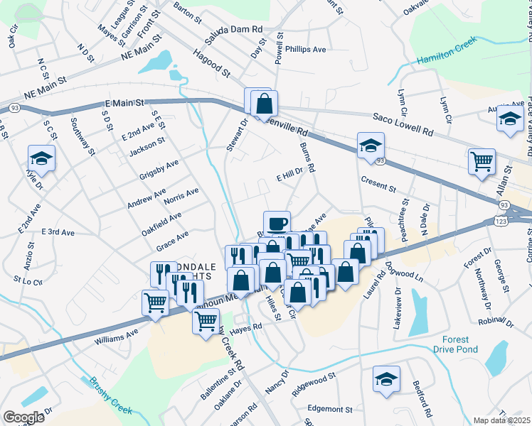 map of restaurants, bars, coffee shops, grocery stores, and more near 102 Creekside Village Drive in Easley