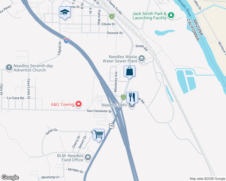 map of restaurants, bars, coffee shops, grocery stores, and more near 207 Gilman Street in Needles