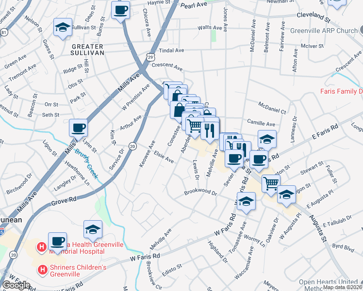 map of restaurants, bars, coffee shops, grocery stores, and more near 27 Conestee Avenue in Greenville