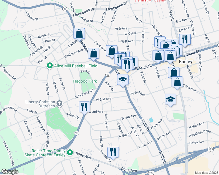 map of restaurants, bars, coffee shops, grocery stores, and more near 100 Sitton Drive in Easley