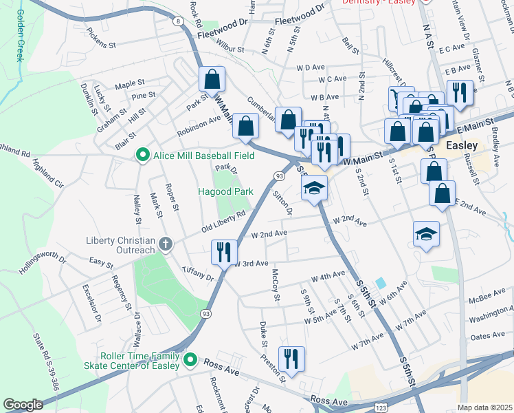 map of restaurants, bars, coffee shops, grocery stores, and more near 210 Old Liberty Road in Easley