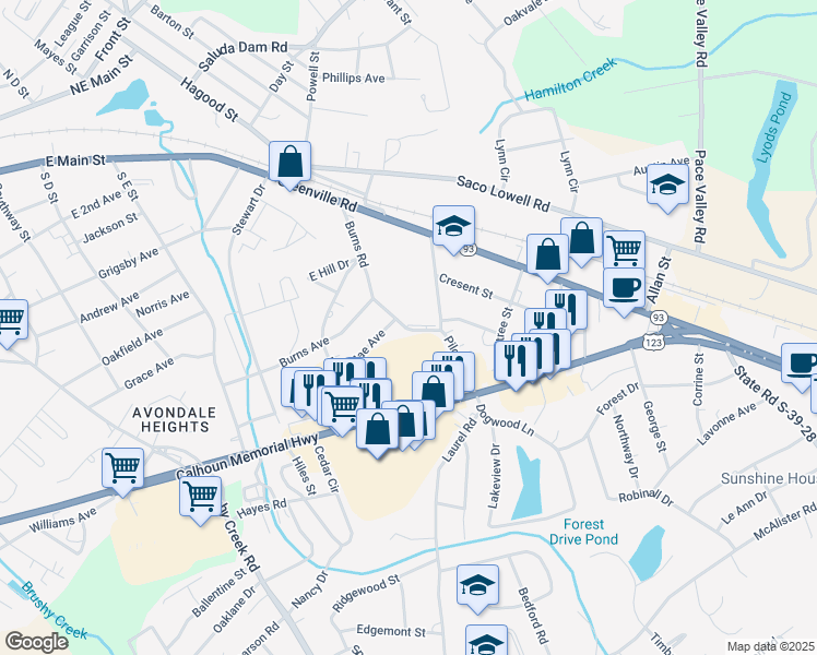 map of restaurants, bars, coffee shops, grocery stores, and more near 503 Burns Road in Easley