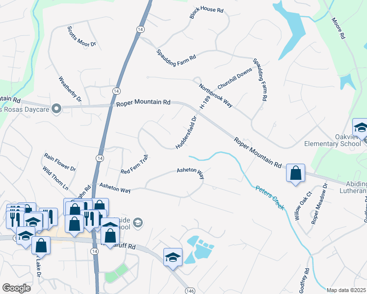 map of restaurants, bars, coffee shops, grocery stores, and more near 199 Huddersfield Drive in Simpsonville