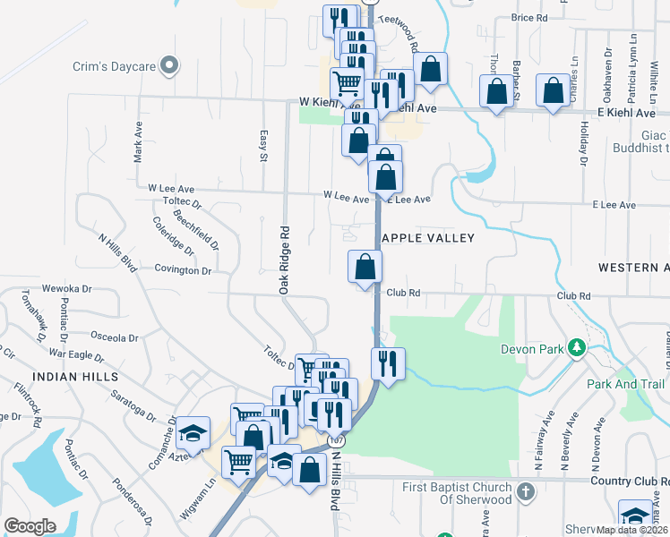 map of restaurants, bars, coffee shops, grocery stores, and more near 121 Almond Cove in Sherwood