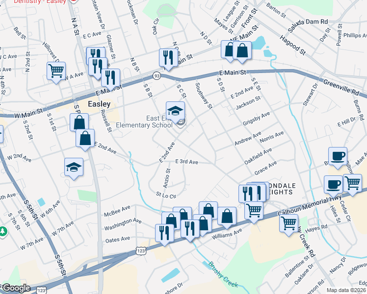 map of restaurants, bars, coffee shops, grocery stores, and more near 402 South B Street in Easley
