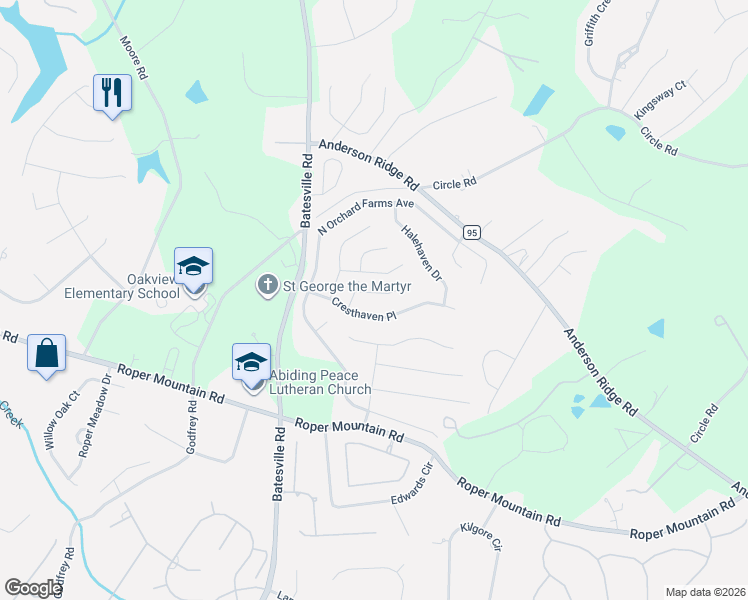 map of restaurants, bars, coffee shops, grocery stores, and more near 11 Candor Place in Simpsonville