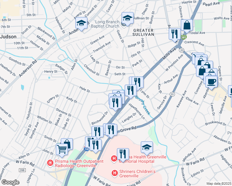 map of restaurants, bars, coffee shops, grocery stores, and more near 329 Ligon Street in Greenville