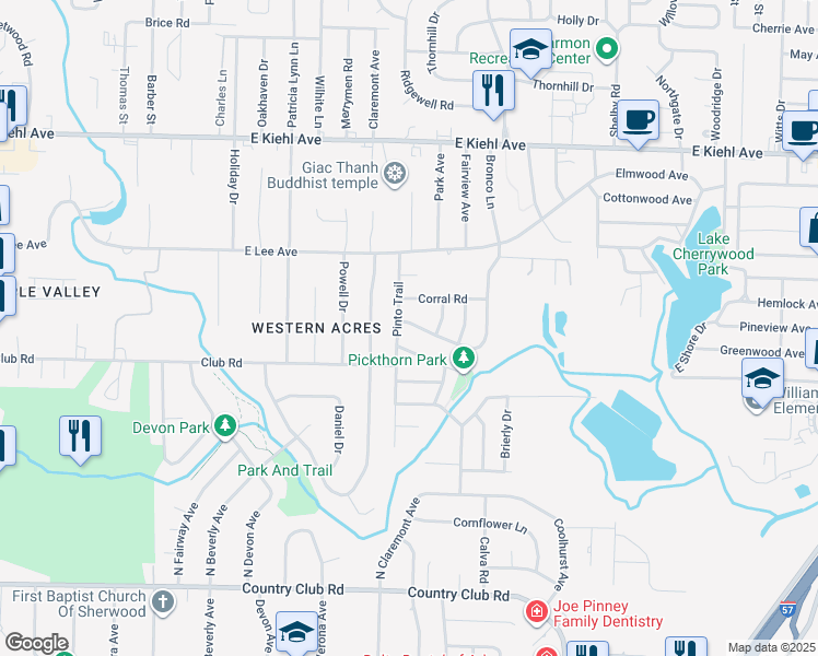 map of restaurants, bars, coffee shops, grocery stores, and more near 1607 Palomino Drive in Sherwood
