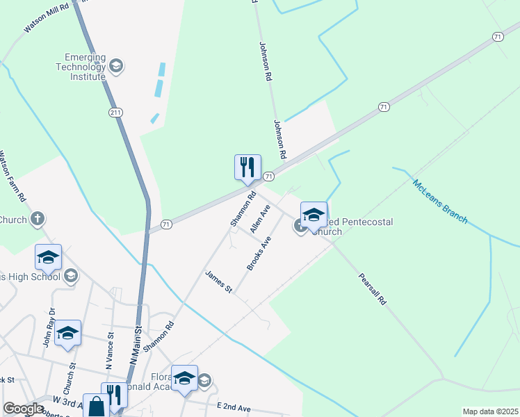 map of restaurants, bars, coffee shops, grocery stores, and more near 119 Allen Avenue in Red Springs