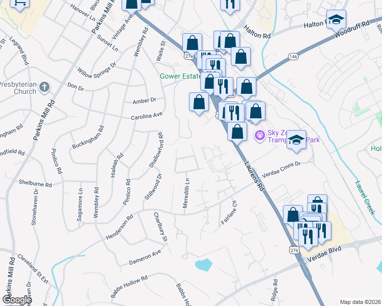 map of restaurants, bars, coffee shops, grocery stores, and more near 101 Glenda Lane in Greenville