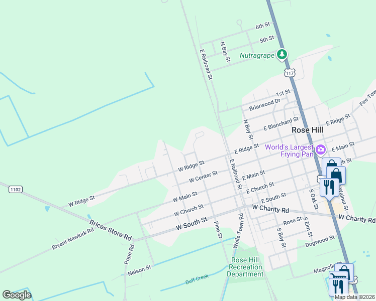 map of restaurants, bars, coffee shops, grocery stores, and more near 335 North Pine Street in Rose Hill