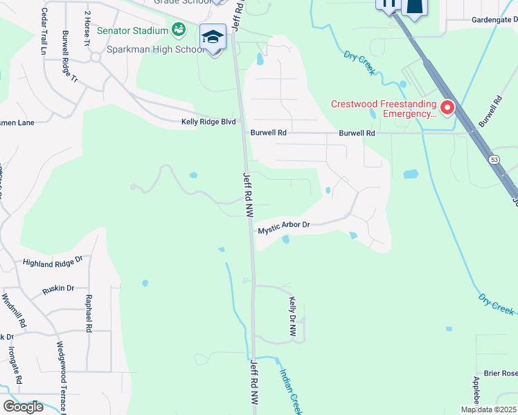 map of restaurants, bars, coffee shops, grocery stores, and more near 2386 Jeff Road Northwest in Harvest