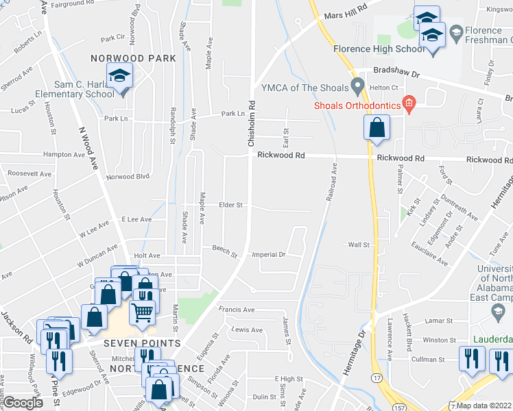 map of restaurants, bars, coffee shops, grocery stores, and more near 501 Elder Street in Florence