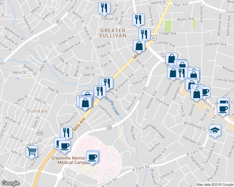map of restaurants, bars, coffee shops, grocery stores, and more near 327 West Prentiss Avenue in Greenville