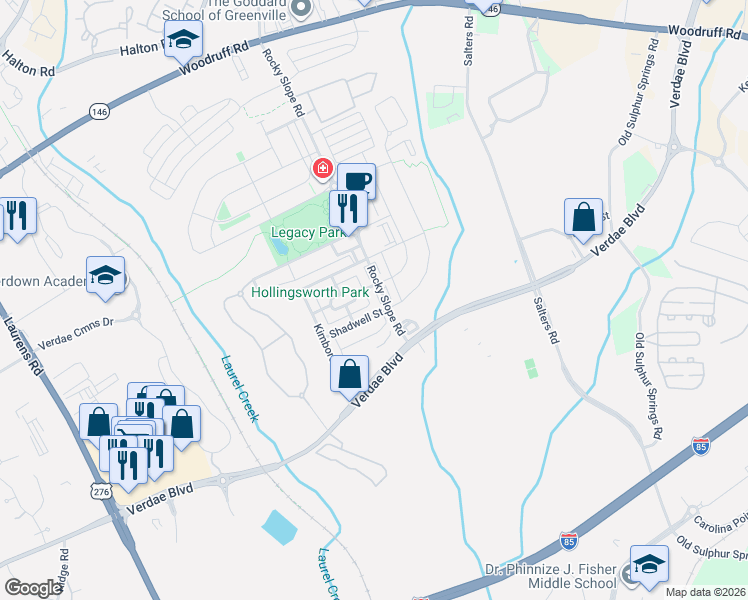 map of restaurants, bars, coffee shops, grocery stores, and more near 439 Rocky Slope Road in Greenville