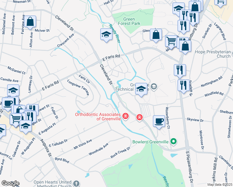 map of restaurants, bars, coffee shops, grocery stores, and more near 1002 Cleveland Street in Greenville