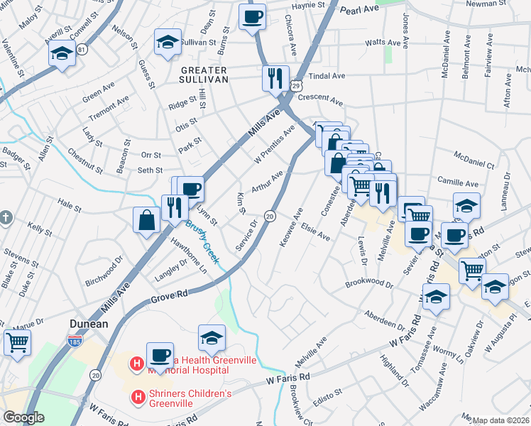 map of restaurants, bars, coffee shops, grocery stores, and more near 8 Kim Street in Greenville
