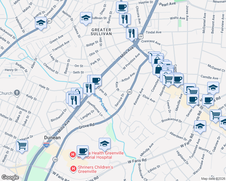 map of restaurants, bars, coffee shops, grocery stores, and more near 117 Brookway Drive in Greenville