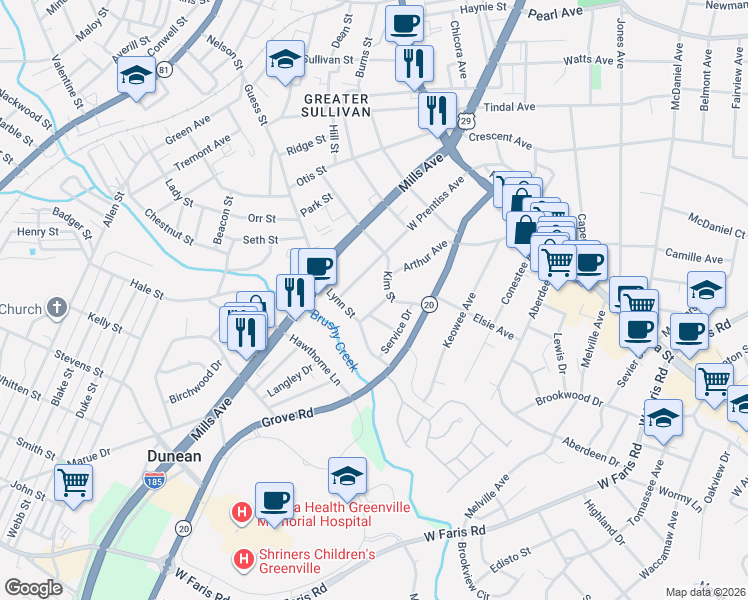map of restaurants, bars, coffee shops, grocery stores, and more near 117 Brookway Drive in Greenville