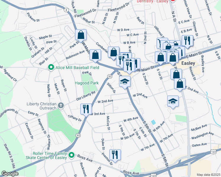 map of restaurants, bars, coffee shops, grocery stores, and more near 100 Sitton Drive in Easley