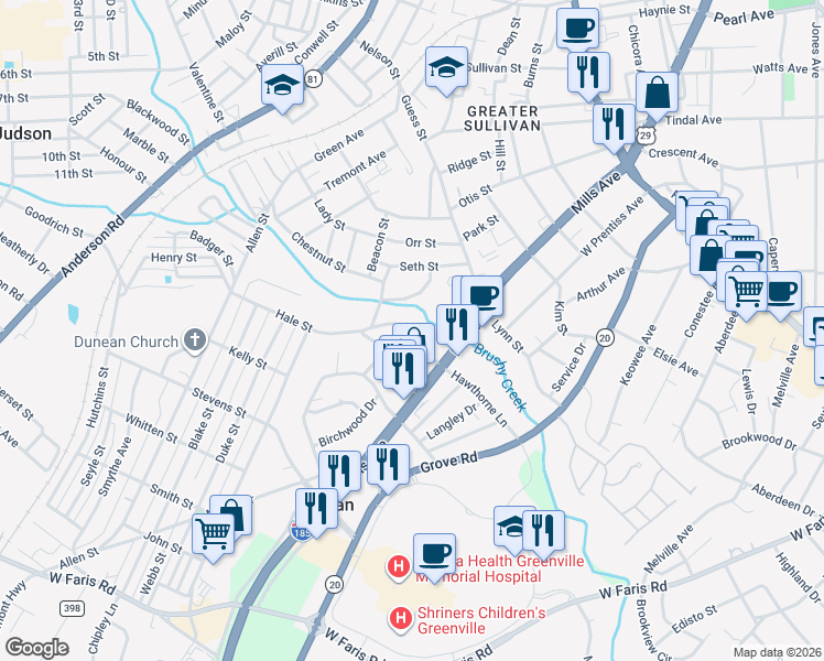 map of restaurants, bars, coffee shops, grocery stores, and more near 326 Ligon Street in Greenville