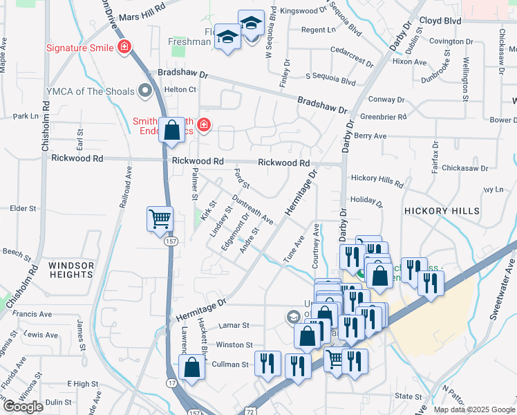 map of restaurants, bars, coffee shops, grocery stores, and more near 1521 Duntreath Avenue in Florence