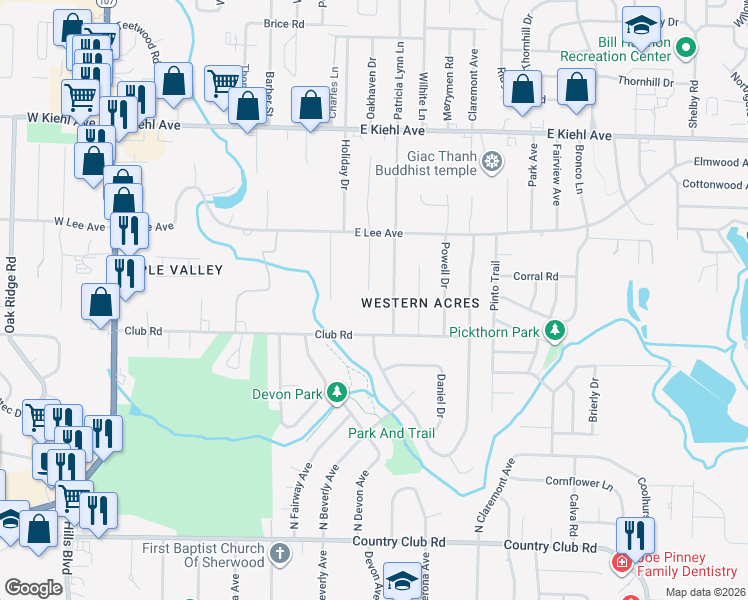 map of restaurants, bars, coffee shops, grocery stores, and more near 7906 Merriwood Place in Sherwood