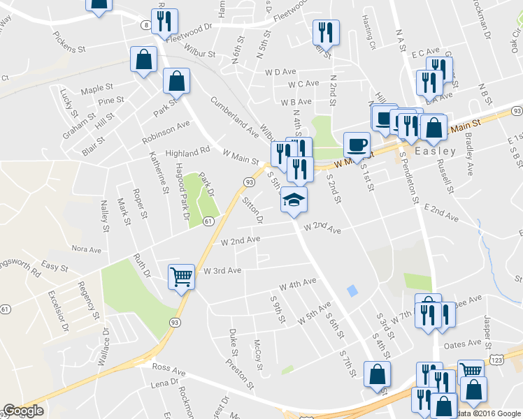 map of restaurants, bars, coffee shops, grocery stores, and more near 101 Pear Street in Easley