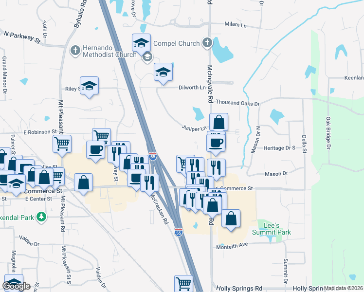 map of restaurants, bars, coffee shops, grocery stores, and more near 2321 McIngvale Road in Hernando