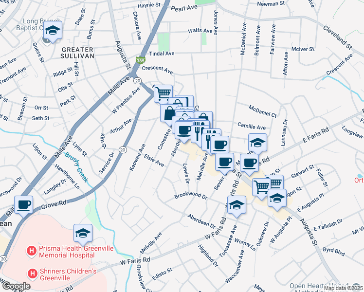 map of restaurants, bars, coffee shops, grocery stores, and more near 4 South Lewis Plaza in Greenville