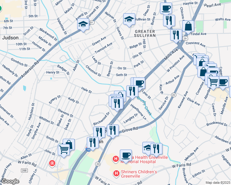 map of restaurants, bars, coffee shops, grocery stores, and more near 337 Ligon Street in Greenville