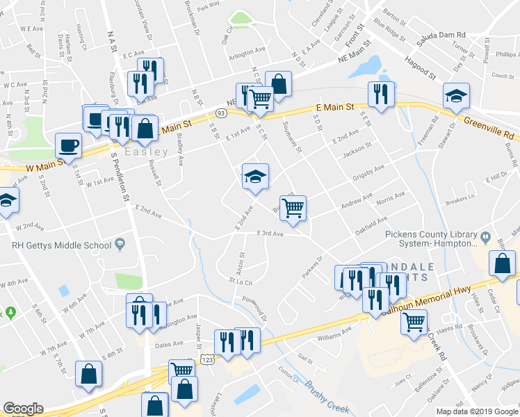 map of restaurants, bars, coffee shops, grocery stores, and more near 402 South B Street in Easley