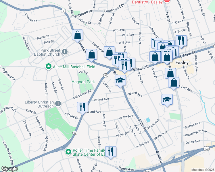 map of restaurants, bars, coffee shops, grocery stores, and more near 100 Sitton Drive in Easley